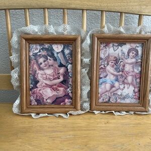 Vintage Set of 2 Wooden Lace Framed Angel Cherubs Babies Prints